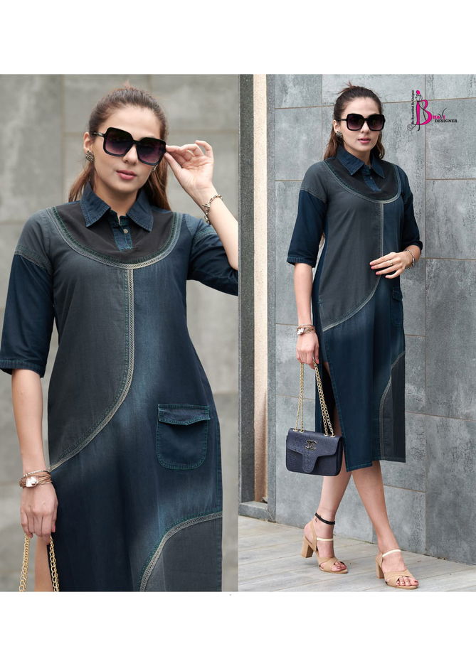 Rapid Different Shades Of Denim Funky Look Party Wear Kurtis Manufacturers